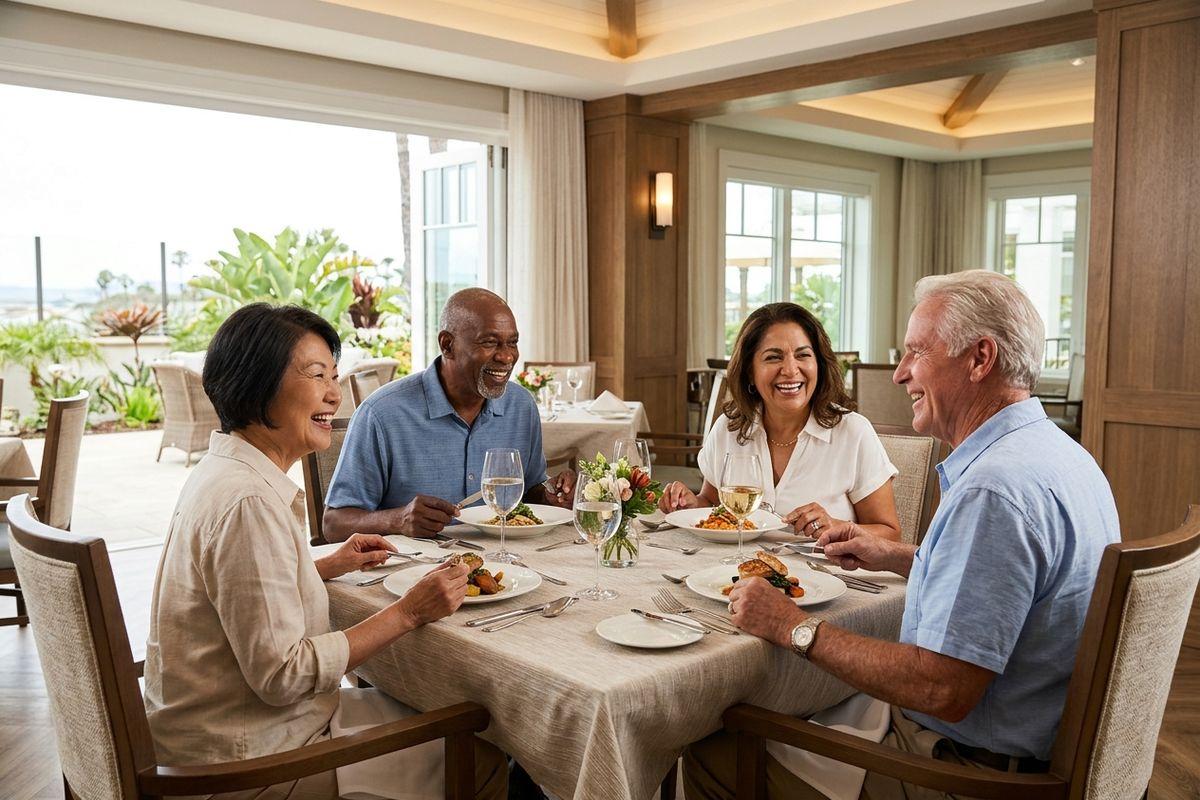 Seniors sharing a joyful meal together in a luxury coastal senior living community in Newport Beach.